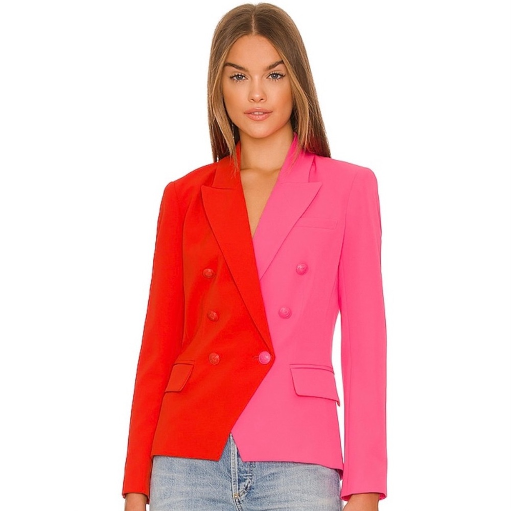 NEW NWT L’AGENCE Kenzie Double Breasted Blazer Jacket Cherry Tomato & Rose Pink